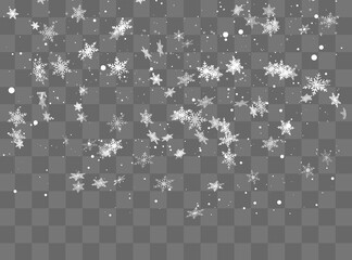 Wall Mural - Vector falling snow effect isolated on transparent background with blurred bokeh.