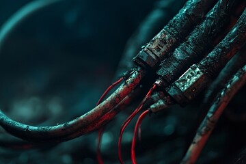 Close-up of Dirty Electrical Wires and Connections - Abstract Cyberpunk Technology Background