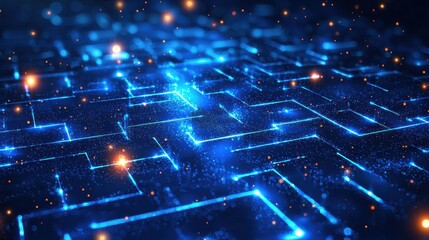 Digital Maze of Illuminated Blue Lines and Particles