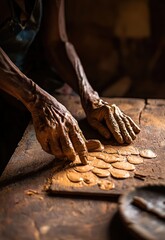 a clay maker using traditional hand-building techniques, such as coiling or pinching. Highlight the tactile nature of their work, with natural light illuminating the clay and tools.