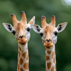 Close-up of two playful giraffes in a lush environment