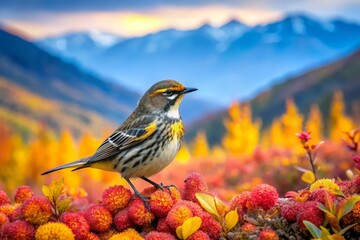 Canvas Print - Captivating Double Exposure of a Myrtle Yellowrumped Warbler in the Vibrant Natural Landscape of Fairbanks, Alaska, Showcasing the Beauty of Wildlife and Scenic Wilderness