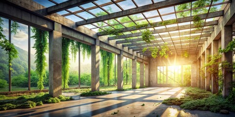 Poster - Captivating Double Exposure Photography of an Empty Room Under Construction Merging Elements of Nature and Urban Life, Showcasing the Contrast Between Raw Space and Natural Beauty