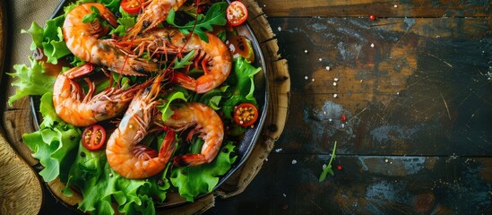 Wall Mural - Top view of a fresh meal on a rustic table with a green leaf lettuce mix and shrimp prawns and langoustines ideal as a snack with a food background and available copy space image