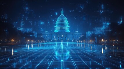 Wall Mural - the us capitol building in washington, d.c. is illuminated with a digital grid and data streams.