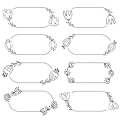 Elegant linear oval hand-drawn frame with flowers