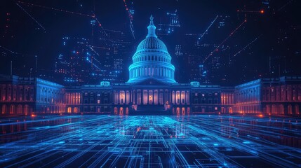 Wall Mural - the us capitol building is digitally rendered with glowing blue and red lines emanating from it.