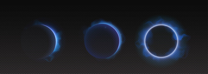 Wall Mural - solar eclipse phases with luminous blue circles and crescent on dark background. celestial rings sho