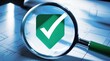 © BashirIrshad - Magnifying glass with green check mark on papers showing the validity of documents.