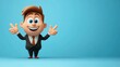© Inkreatif - Smiling Cartoon Businessman Character with Happy Expression in Suit Points with Fingers on Blue Background