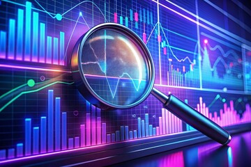 Data analysis search engine optimization or SEO magnifier charts graphs ultraviolet and neon screen