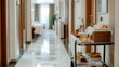 © fotofabrika - Elegant hotel corridor with a food cart displaying a variety of breakfast items in a well-lit setting