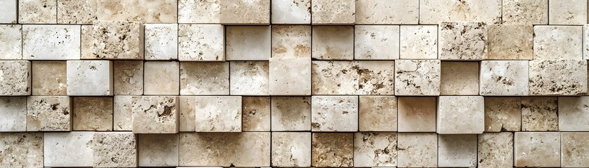 A close-up of a textured wall made of stacked rectangular stone blocks