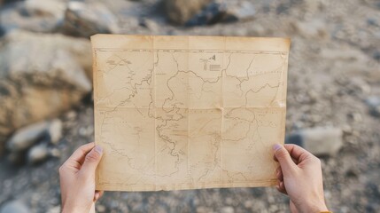 a vintage map held by hands against a rocky background, showcasing exploration and adventure at its 