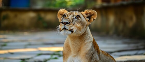 Wall Mural - The lioness sits attentively, scanning her surroundings amidst dappled sunlight in a serene African wilderness, showcasing her natural curiosity