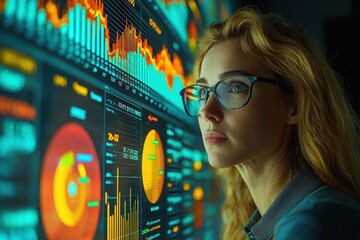 Poster - Woman with Glasses Looking at Computer Screen with Data and Graphs