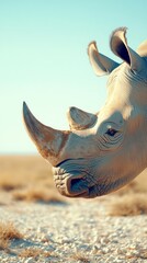 Wall Mural - A white rhinoceros stands majestically in the African savannah, highlighting its impressive horns and powerful presence during the warm evening light