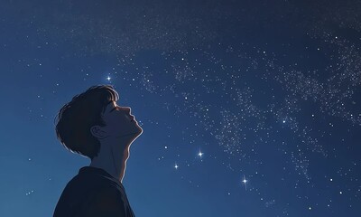 Wall Mural - man stargazing under night sky full of stars illustration cartoon with ai generated.