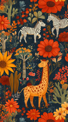 Wall Mural - The essence of African wildlife, showcasing zebras and a giraffe surrounded by lively flora in a bright, artistic style