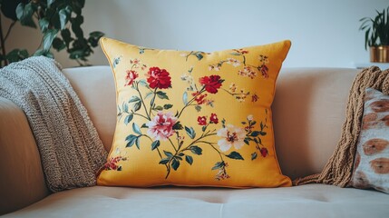 Wall Mural - Yellow floral throw pillow on a beige couch.