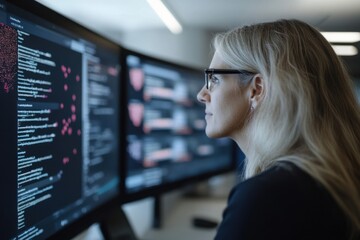 senior software engineer working with multiple computer screens showing code