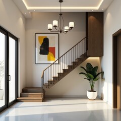 Wall Mural - Modern interior design with abstract art staircase and chandelier - photo real estate 