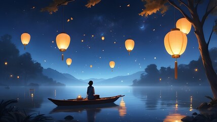dreamy landscape with floating lanterns