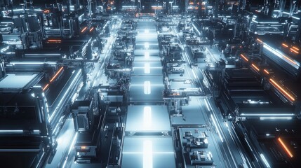 A bird's eye view of an expansive futuristic factory floor, AI Generative.