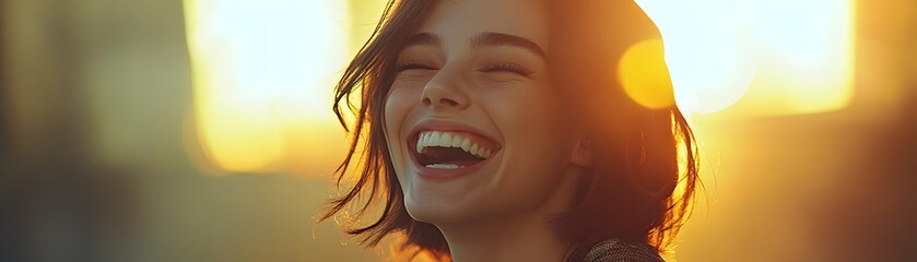 Wall Mural - Close-up Portrait of a Woman with Short Brown Hair, Laughing with Her Eyes Closed in the Golden Sunlight.