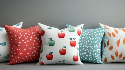 Wall Mural - Five decorative pillows with various patterns in red, green, white, blue, and orange, on a gray couch.