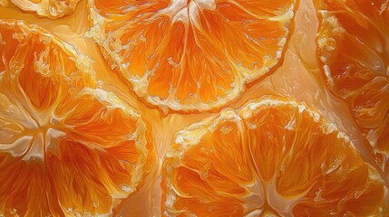 Magnified close-up of vibrant orange slices, peeled and chopped, revealing intricate details and textures, perfect for highlighting the beauty of oranges in a creative composition.