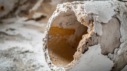 Closeup of a peeled and shrunk insulating cylinder, highlighting its texture and details while providing ample copy space for descriptive text related to insulation.