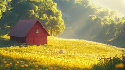 Red small barn for cows set amidst the vibrant greenery of a summer meadow, illuminated by sunlight casting soft shadows, perfect for capturing the essence of rural life.