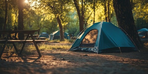 A detailed view of a tent situated in a peaceful campground, showcasing the serene surroundings and the calm atmosphere of the campsite.