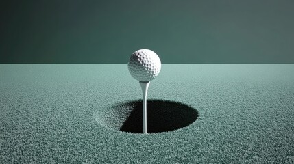 A golf ball rests atop a tee, perfectly positioned in the hole. This golf ball scene offers a clean and inviting composition with ample copy space for any text.