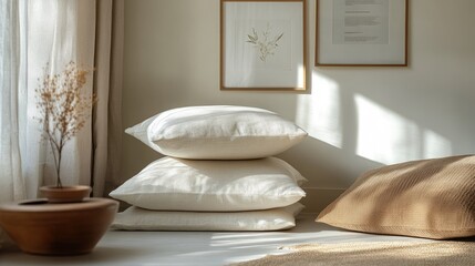 Wall Mural - Three white pillows stacked on a wooden floor with natural light streaming in.