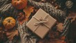 © Nijat - Autumn gift box arranged in a cozy fall mockup scene. This gifting tableau captures the essence of autumn with a flat lay composition, offering ample copy space for your text.