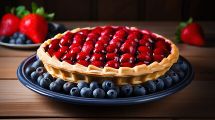 Wall Mural - Fresh strawberry pie with lattice crust on blue ceramic plate