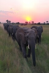 Wall Mural - A group of elephants walks calmly through the grasslands as the sun sets behind them, highlighting the tranquil beauty of the African landscape