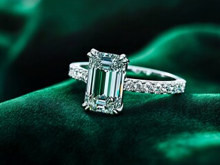 A emerald cut diamond engagement ring on a green velvet background