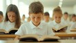 © Cdel - Children engrossed in books within a school library, surrounded by shelves filled with literature, sunlight streaming through large windows, fostering a love for reading and learning.