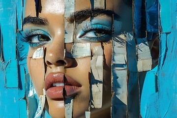 Artistic collage portrait of a woman with blue hues and wooden textures.