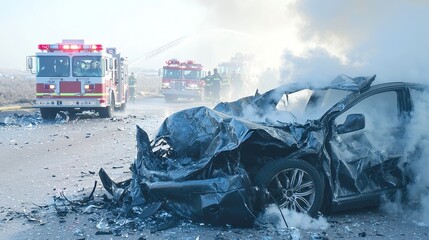 Smoke billowing from a wrecked vehicle, emergency fire engine in the distance, illustrating the aftermath of a car accident, chaos in the scene, intense atmosphere