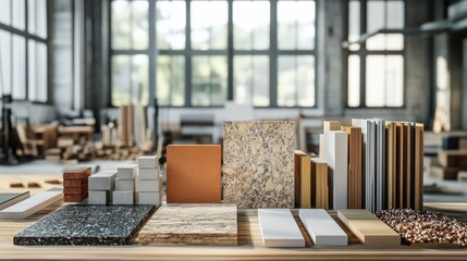 Diverse Collection of Building Material Samples on Display in a Sunlit Industrial Workshop Setting, Featuring a Variety of Textures and Colors