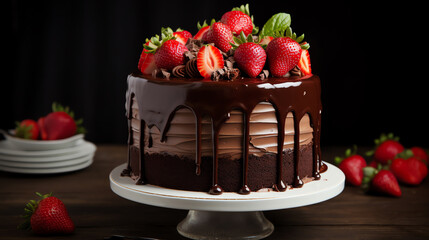 Wall Mural - Dark chocolate cake with strawberry topping