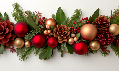 Christmas decoration of fir branches, cones and colorful glass balls on white background. new year banner with copy space