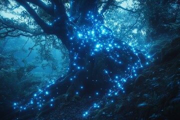 Wall Mural - A mystical tree adorned with glowing blue lights creates an enchanting atmosphere. Nature meets fantasy in this artistic image. Perfect for digital art lovers. Generative AI