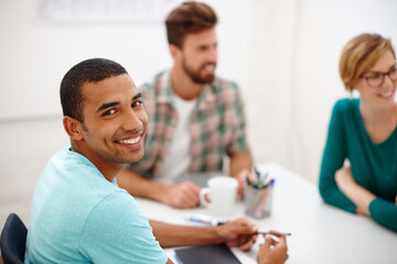 Poster - Startup, designers or happy man in meeting for portrait, development or discussion for teamwork. Smile, face or creative colleagues in collaboration for planning growth, ideas or support in business