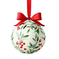 Wall Mural - Christmas ornament in white and green, featuring floral patterns on red ribbon isolated on white background, perfect for adding holiday cheer.