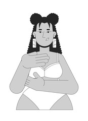 Latin american woman in brassier examining breast black and white 2D line character. Mastopathy detection. Hispanic female touching chest isolated vector outline person. Monochrome spot illustration